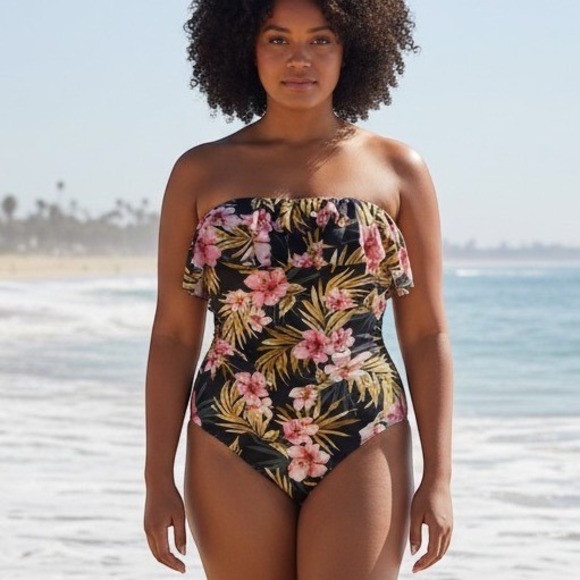 Kona Sol Other - Kona Sol Womens 18W Tropical Floral Ruffle Bandeau One Piece Swimsuit Black Pink